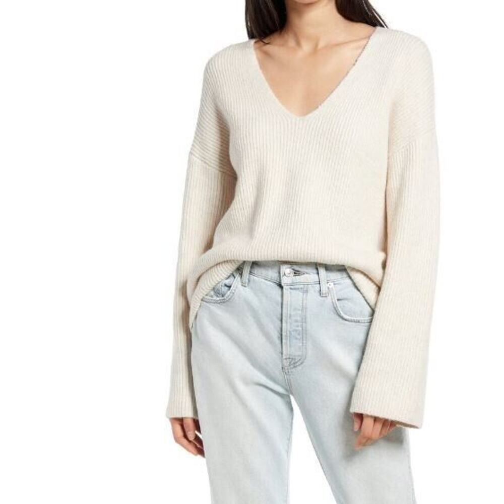 Treasure & Bond Womens V-Neck Rib Stitch Sweater in Beige Oatmeal Small MSRP $69